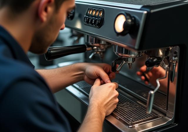 Tecnico che effettua la manutenzione di una macchina da caffè espresso
